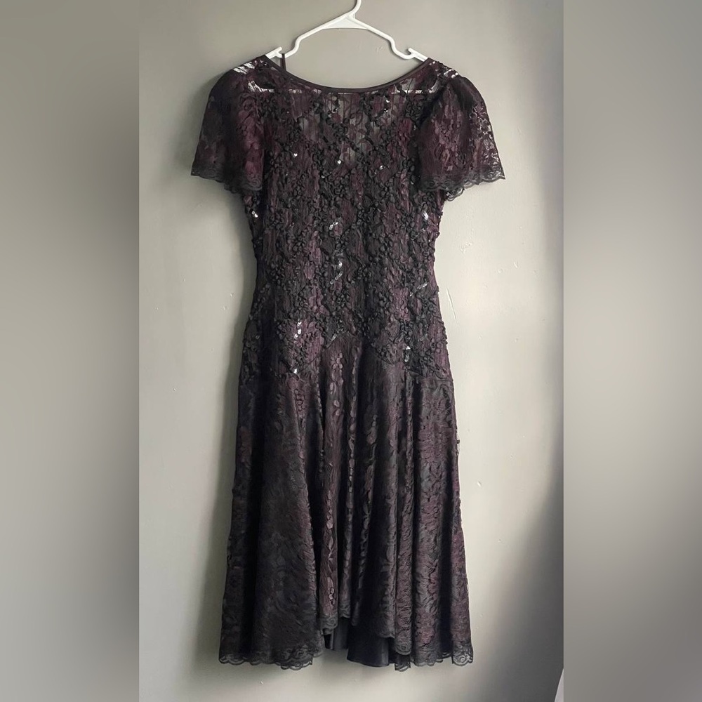 Vintage 80s HW Collections Black Lace Dress Sequin Drop Waist Flutter Sleeve‎ 6